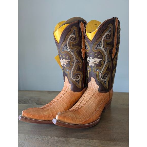 El General Cowboy Boots Mens Size 7 Brown Exotic Leather Croc Tail Embroidered - Picture 2 of 4